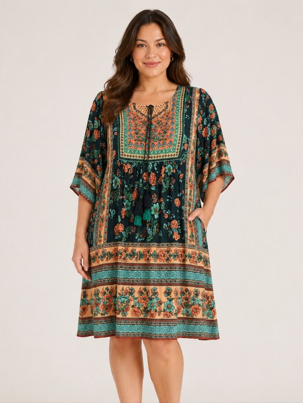 Boho Floral Tunic Dress XXL /US 12-14 Teal Orange Relaxed Fit